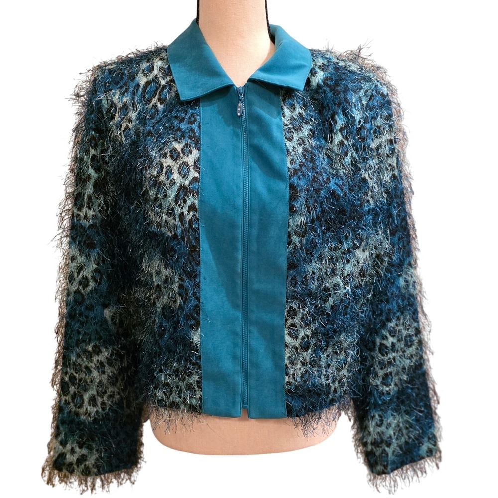 Nancy Bolen City Girl Blue Leopard Eyelash Fuzzy Zip Jacket Size 14 4520M01